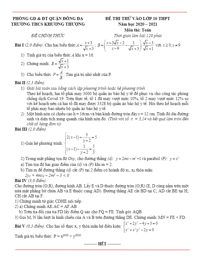 Đề thi thử vào 10 môn Toán năm 2020 – 2021 trường THCS Khương Thượng – Hà Nội