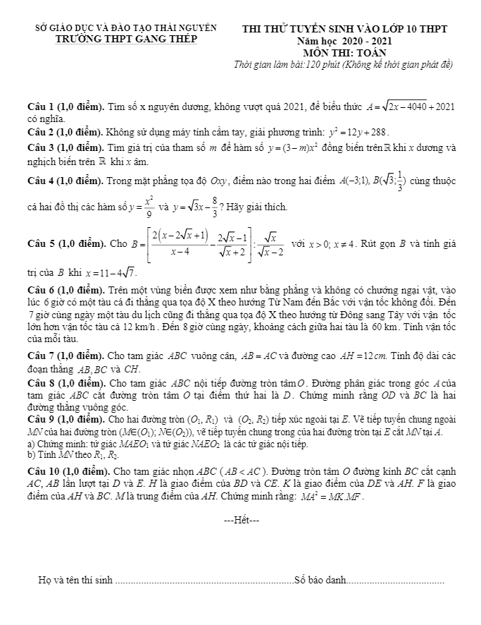 Đề thi thử vào 10 năm 2020 – 2021 môn Toán trường Gang Thép – Thái Nguyên
