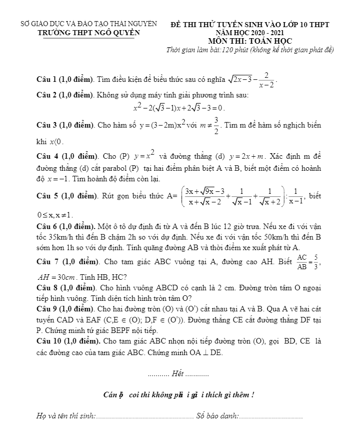 Đề thi thử vào 10 năm 2020 – 2021 môn Toán trường Ngô Quyền – Thái Nguyên