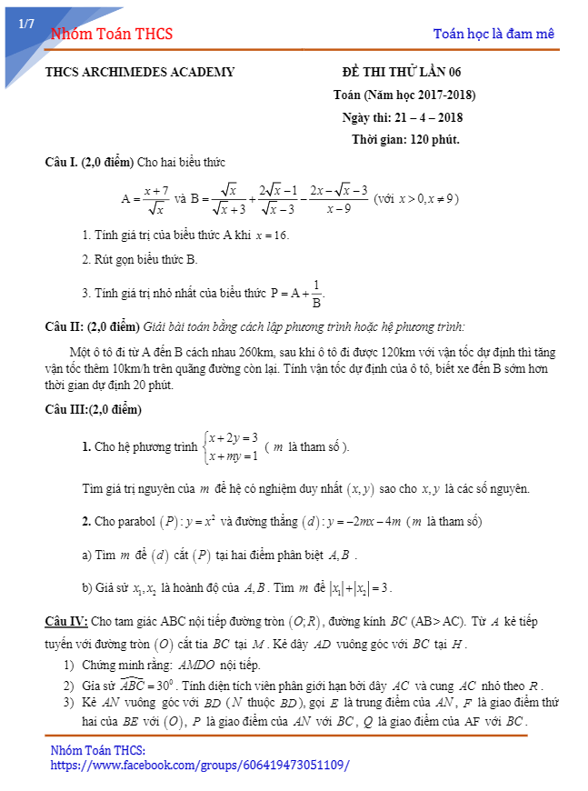 Đề thi thử vào lớp 10 môn Toán 2017 – 2018 trường Archimedes Academy – Hà Nội lần 6