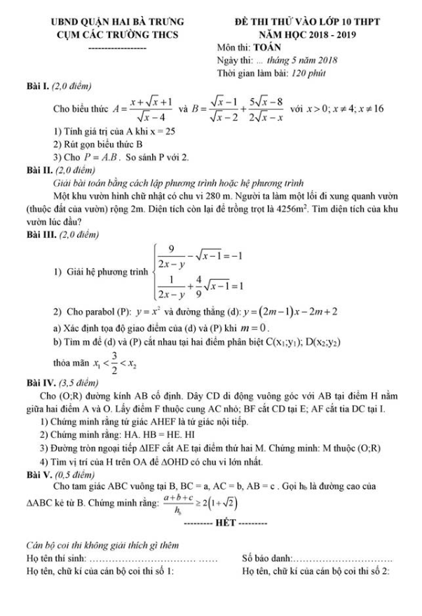 Đề thi thử vào lớp 10 môn Toán 2018 phòng GD và ĐT Hai Bà Trưng – Hà Nội