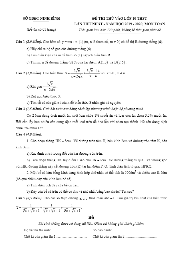 Đề thi thử vào lớp 10 môn Toán năm 2020 – 2021 lần 1 sở GD&ĐT Ninh Bình