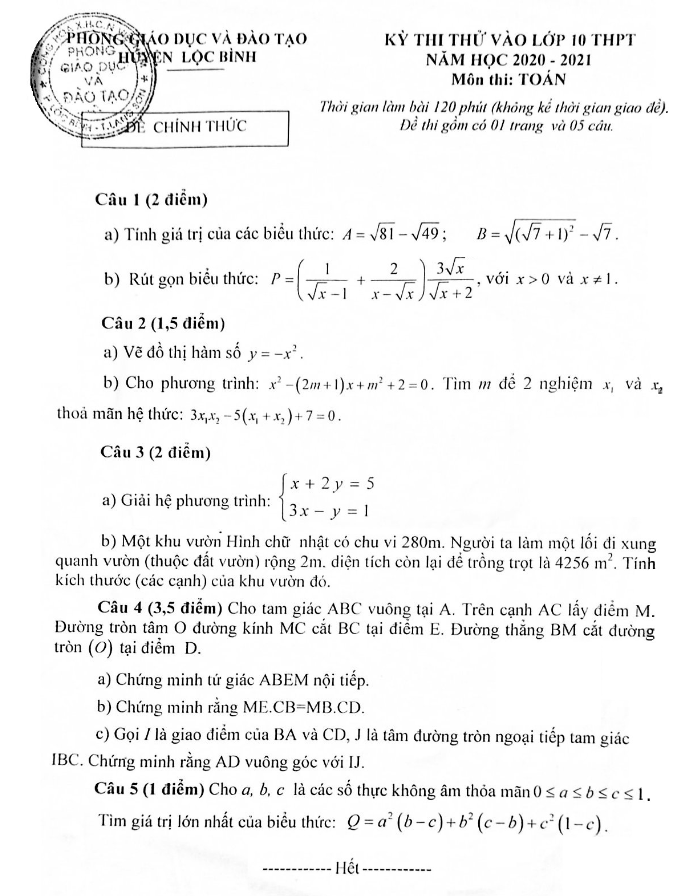 Đề thi thử vào lớp 10 môn Toán năm 2020 – 2021 phòng GD&ĐT Lộc Bình – Lạng Sơn