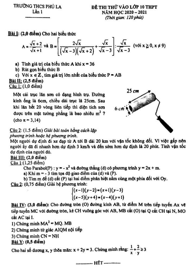 Đề thi thử vào lớp 10 môn Toán năm 2020 – 2021 trường THCS Phú La – Hà Nội