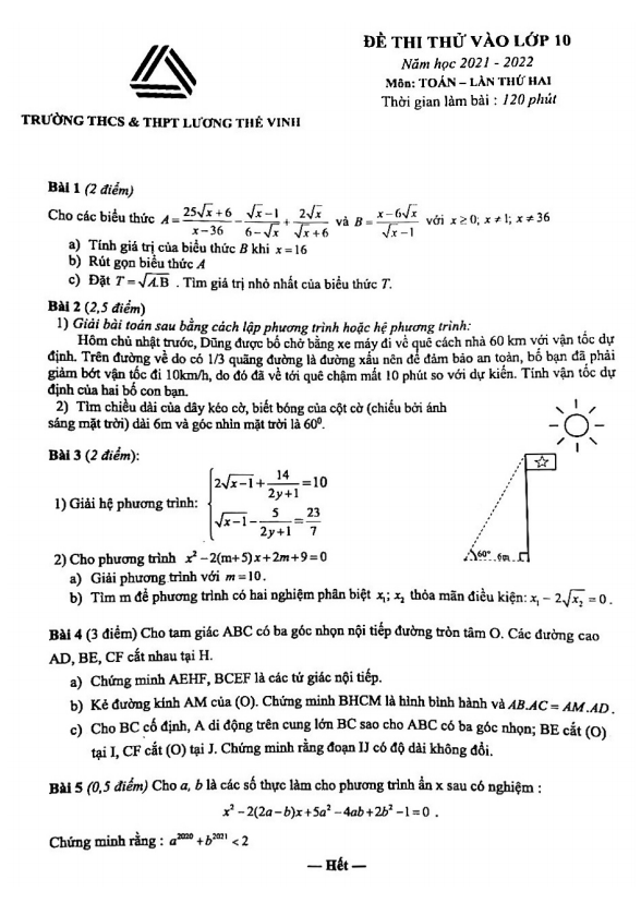Đề thi thử vào lớp 10 môn Toán năm 2021 – 2022 trường Lương Thế Vinh – Hà Nội