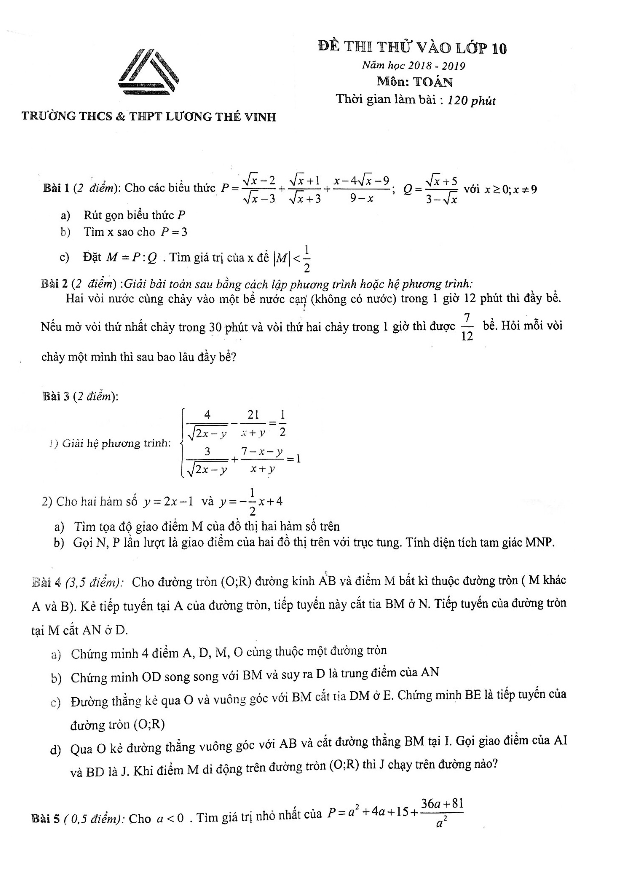 Đề thi thử vào lớp 10 môn Toán năm học 2018 – 2019 trường Lương Thế Vinh – Hà Nội