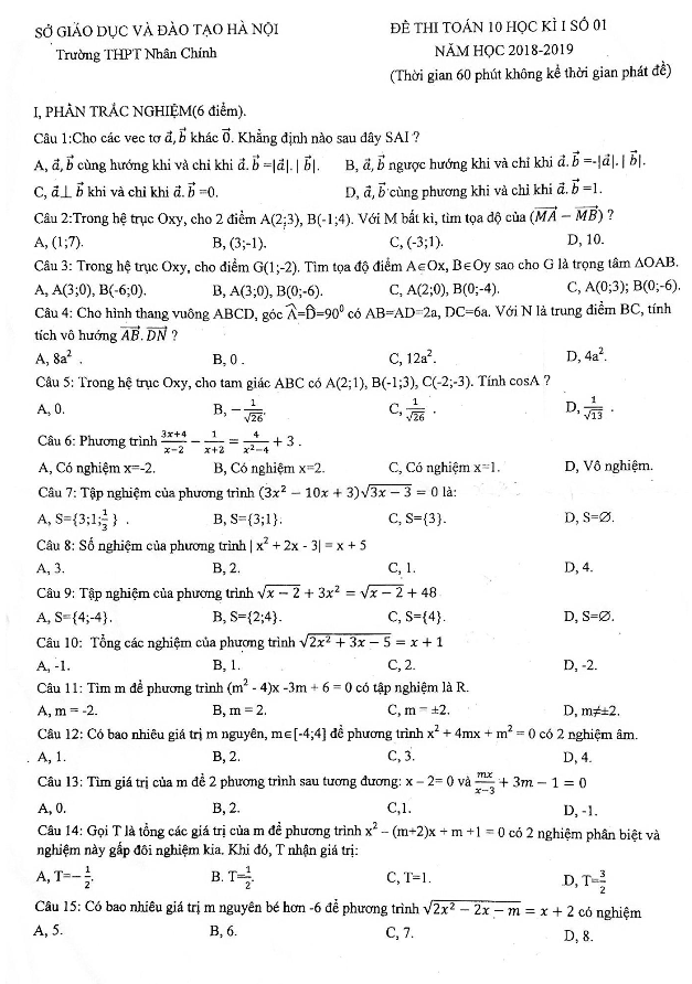 Đề thi Toán 10 học kỳ 1 năm 2018 – 2019 trường THPT Nhân Chính – Hà Nội