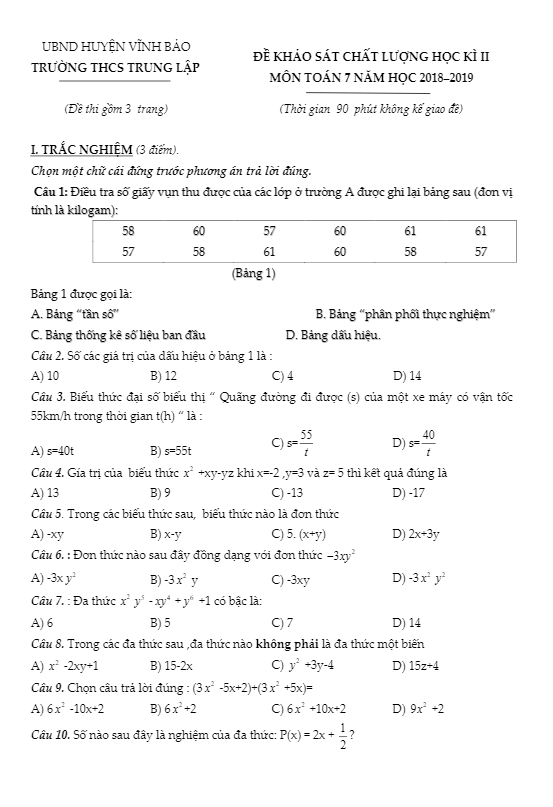 Đề thi Toán 7 học kì 2 năm 2018 – 2019 trường THCS Trung Lập – Hải Phòng