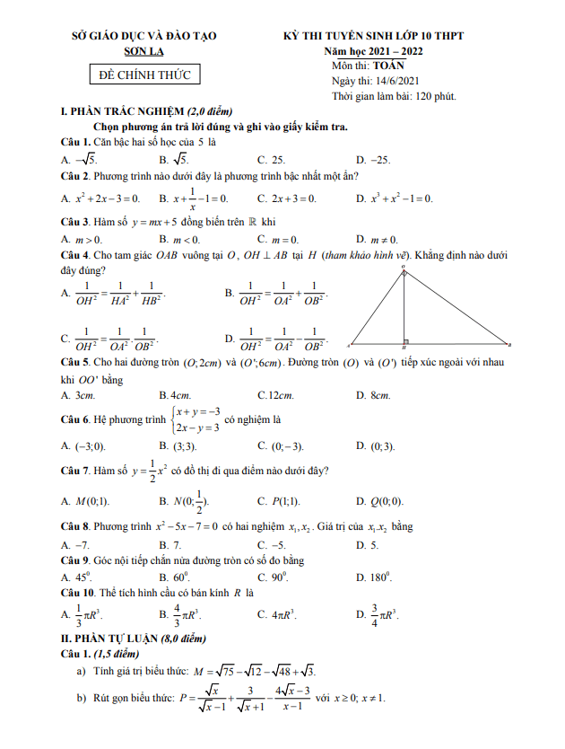 Đề thi tuyển sinh lớp 10 môn Toán năm 2021 – 2022 sở GD&ĐT Sơn La