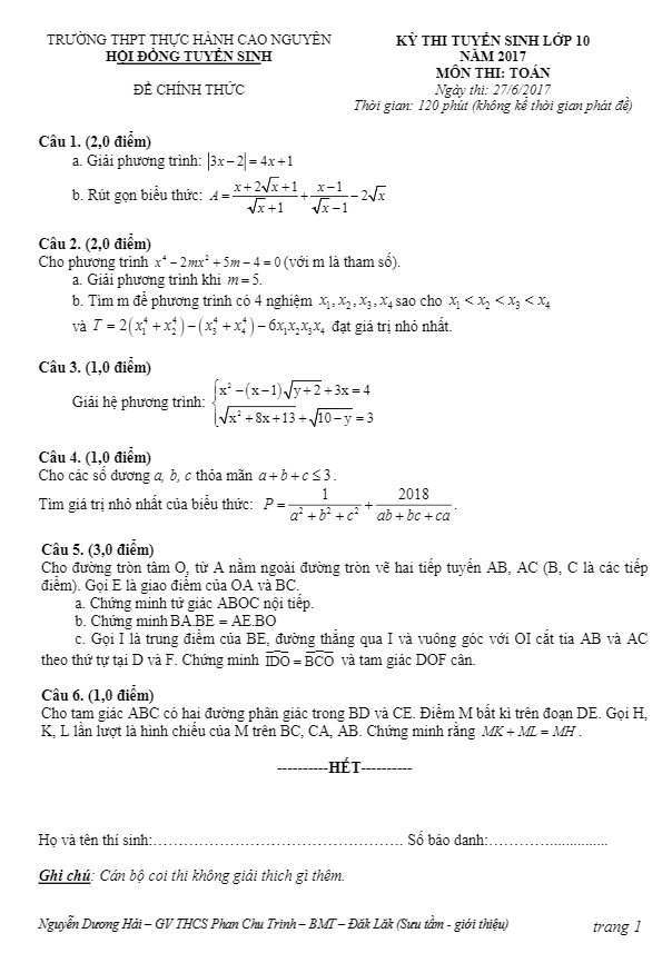 Đề thi tuyển sinh lớp 10 năm học 2017 – 2018 môn Toán trường TH Cao Nguyên – Đắk Lắk
