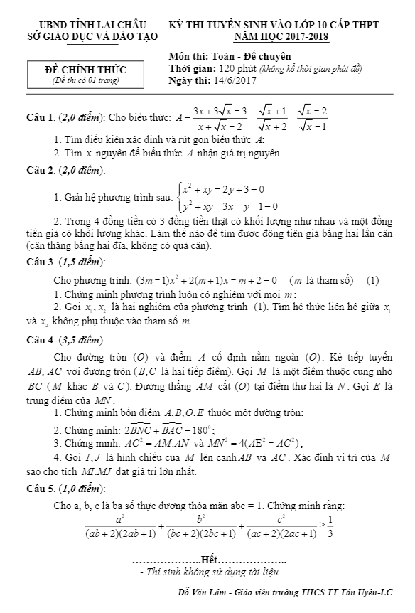 Đề thi tuyển sinh lớp 10 THPT chuyên năm học 2017 – 2018 môn Toán sở GD và ĐT Lai Châu