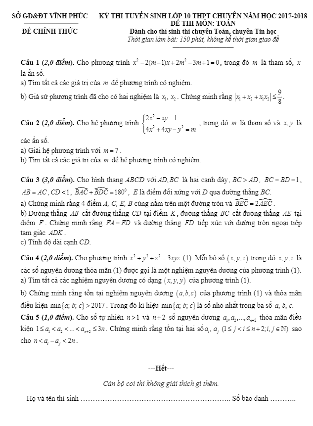 Đề thi tuyển sinh lớp 10 THPT chuyên năm học 2017 – 2018 môn Toán sở GD và ĐT Vĩnh Phúc