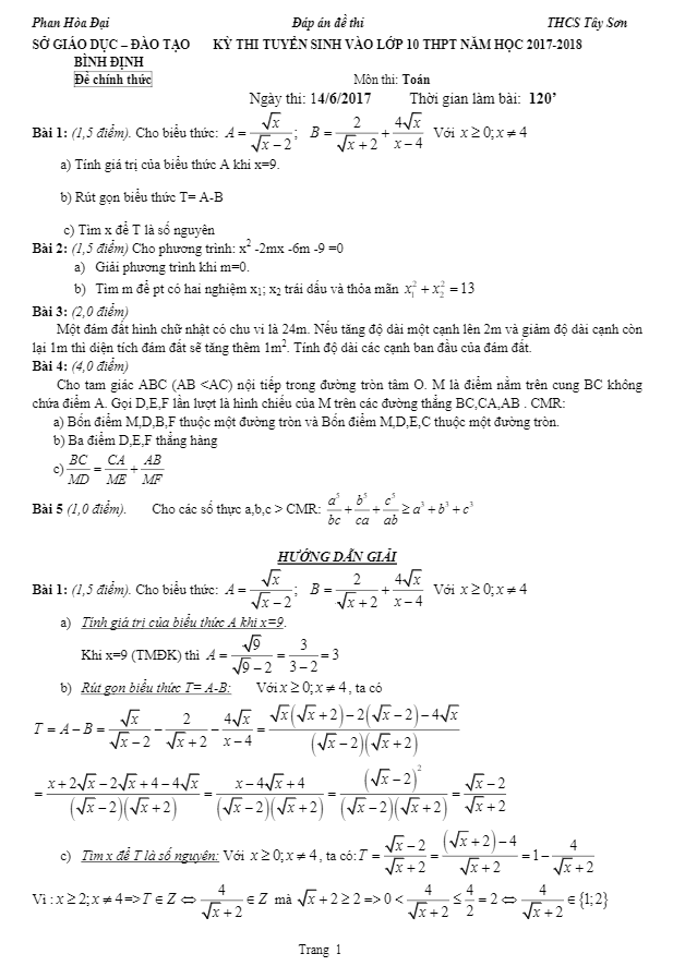 Đề thi tuyển sinh lớp 10 THPT năm học 2017 – 2018 môn Toán sở GD và ĐT Bình Định