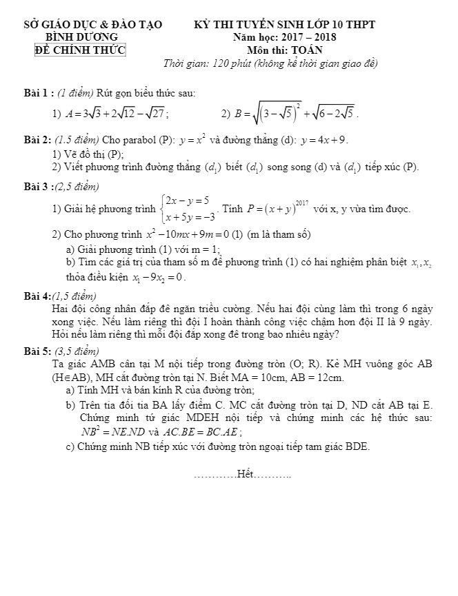 Đề thi tuyển sinh lớp 10 THPT năm học 2017 – 2018 môn Toán sở GD và ĐT Bình Dương