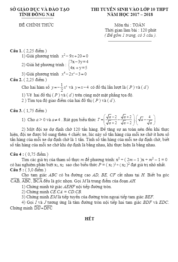 Đề thi tuyển sinh lớp 10 THPT năm học 2017 – 2018 môn Toán sở GD và ĐT Đồng Nai