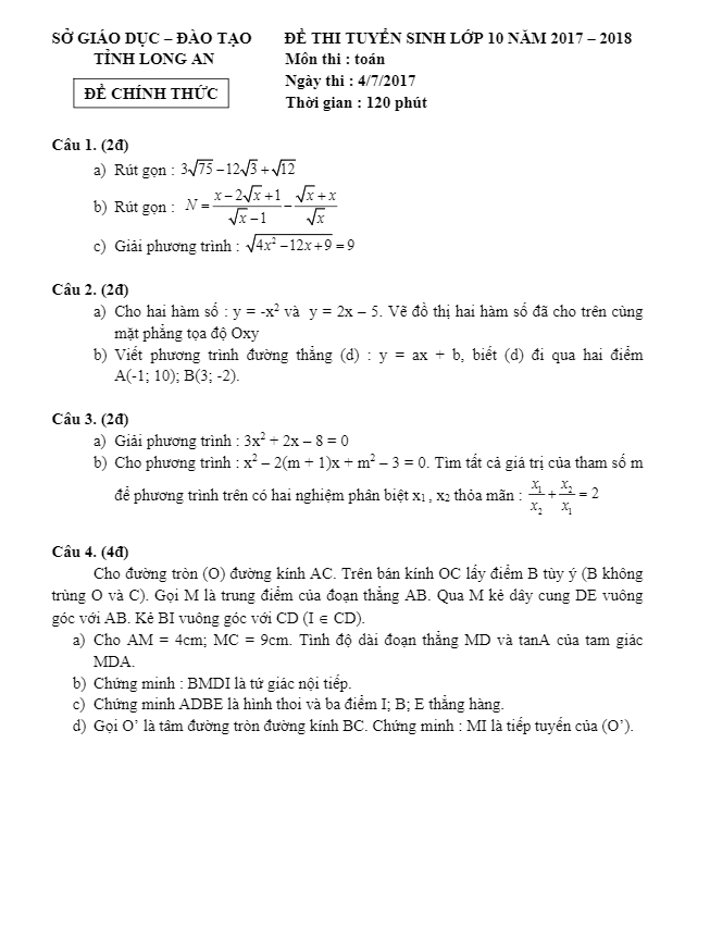 Đề thi tuyển sinh lớp 10 THPT năm học 2017 – 2018 môn Toán sở GD và ĐT Long An