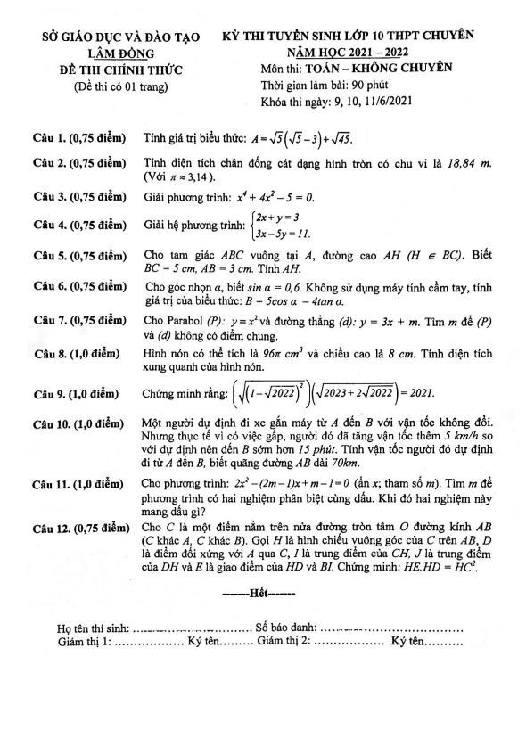 Đề thi vào 10 chuyên môn Toán (không chuyên) năm 2021 – 2022 sở GD&ĐT Lâm Đồng