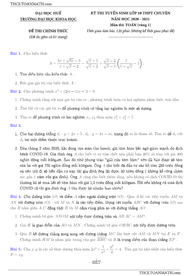 Đề thi vào 10 chuyên môn Toán năm 2020 – 2021 trường ĐHKH Huế (vòng 1)