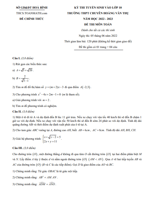 Đề thi vào 10 môn Toán (chung) 2022 – 2023 trường chuyên Hoàng Văn Thụ – Hoà Bình
