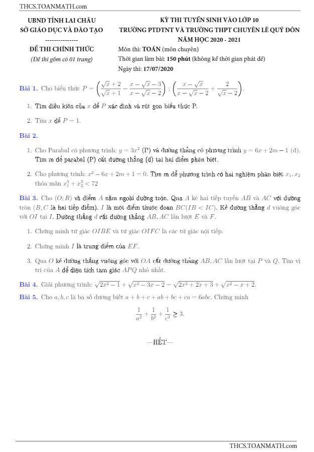 Đề thi vào 10 môn Toán (chuyên) năm 2020 – 2021 trường chuyên Lê Quý Đôn – Lai Châu