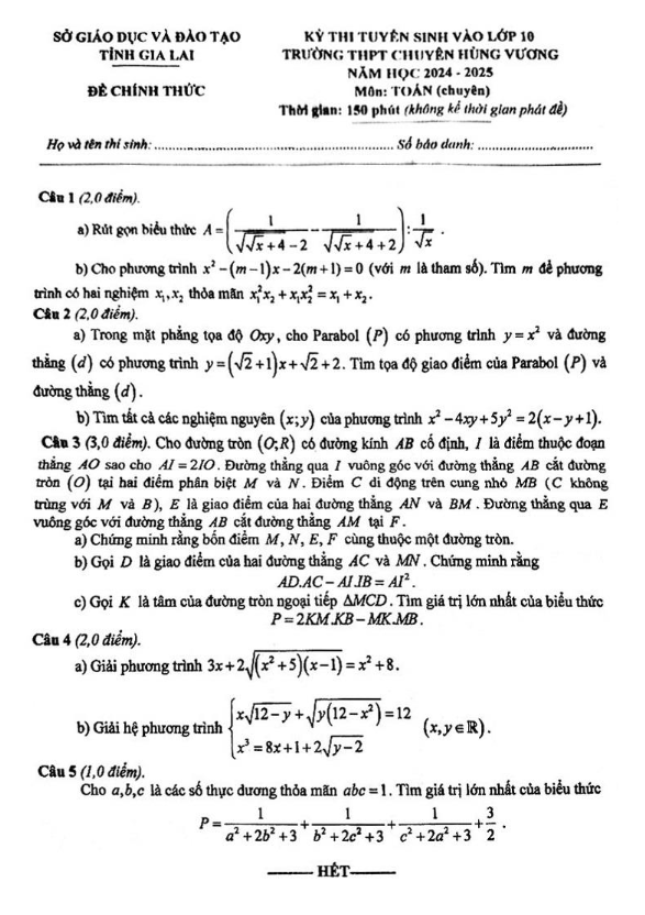 Đề thi vào lớp 10 môn Toán (chuyên) năm 2024 – 2025 trường chuyên Hùng Vương – Gia Lai