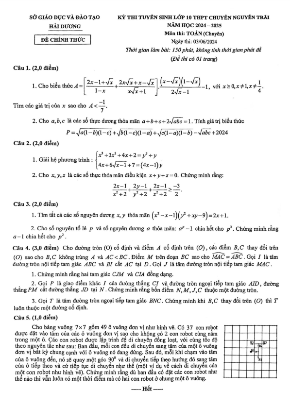Đề thi vào lớp 10 Toán (chuyên) năm 2024 – 2025 trường chuyên Nguyễn Trãi – Hải Dương