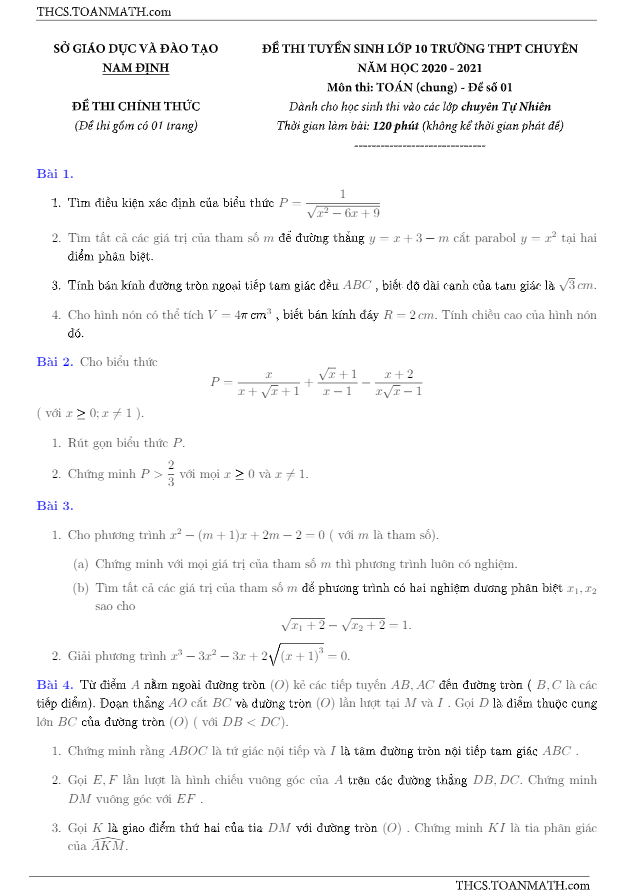 Đề Toán tuyển sinh lớp 10 chuyên năm 2020 – 2021 sở GD&ĐT Nam Định (Đề 1)