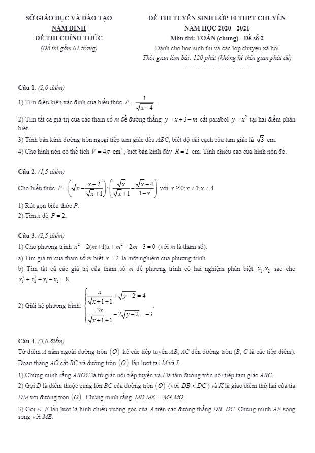 Đề Toán tuyển sinh lớp 10 chuyên năm 2020 – 2021 sở GD&ĐT Nam Định (Đề 2)