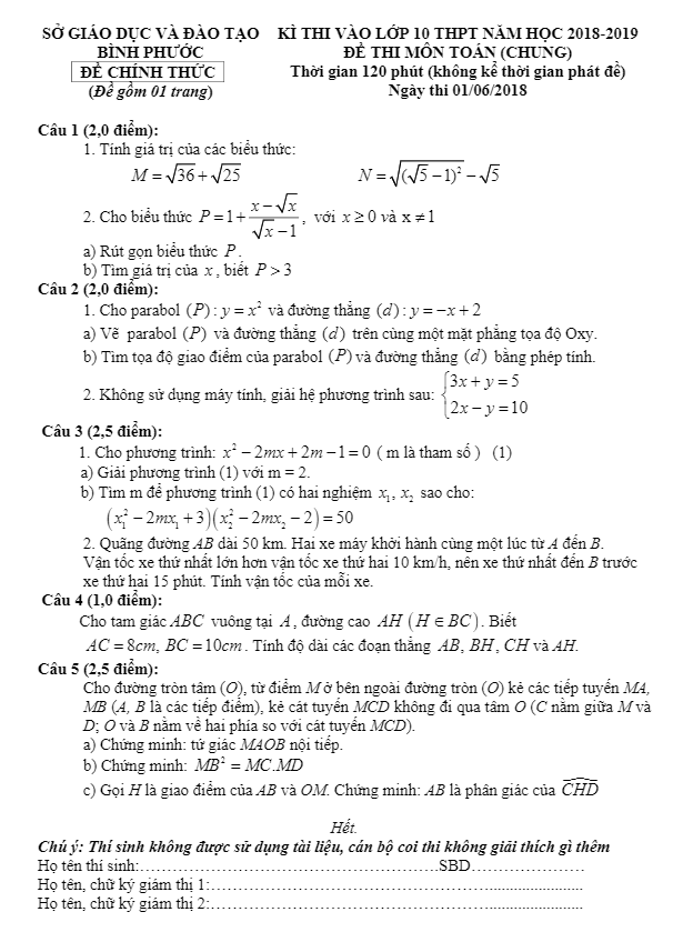 Đề Toán tuyển sinh lớp 10 năm 2018 – 2019 sở GD và ĐT Bình Phước (đề chung)