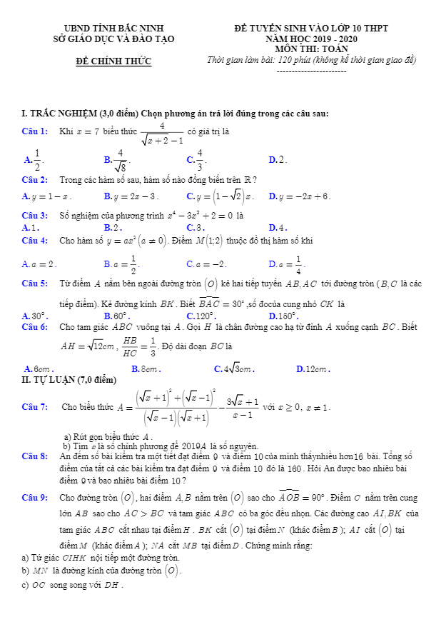 Đề Toán tuyển sinh lớp 10 năm 2019 – 2020 sở GD&ĐT Bắc Ninh