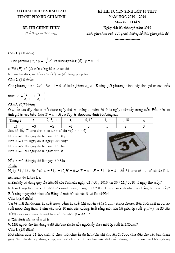 Đề Toán tuyển sinh lớp 10 năm 2019 – 2020 sở GD&ĐT thành phố Hồ Chí Minh
