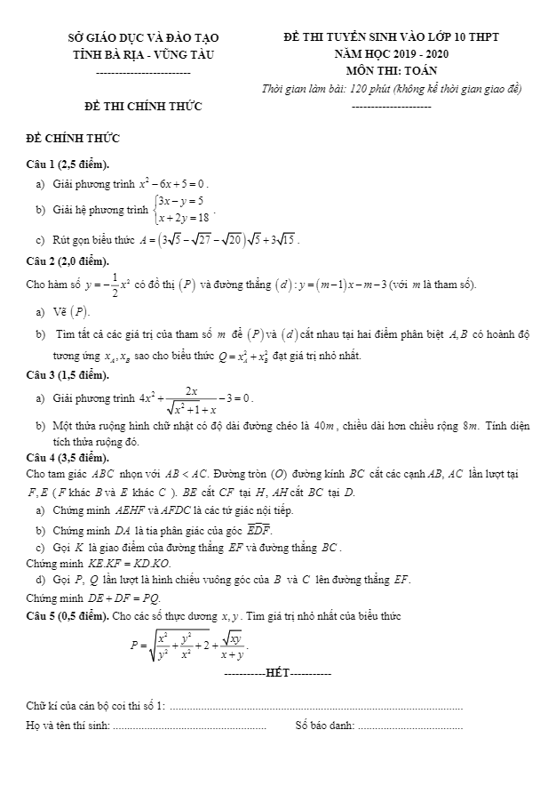 Đề Toán tuyển sinh lớp 10 năm 2019 – 2020 trường chuyên Lê Quý Đôn – BRVT (Vòng 1)