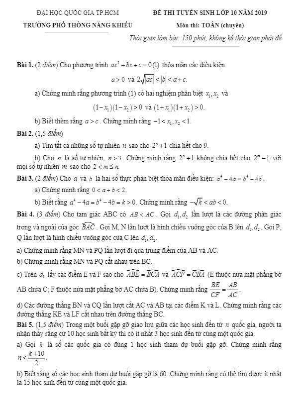 Đề Toán tuyển sinh lớp 10 năm 2019 trường PTNK – TP HCM (Vòng 2)