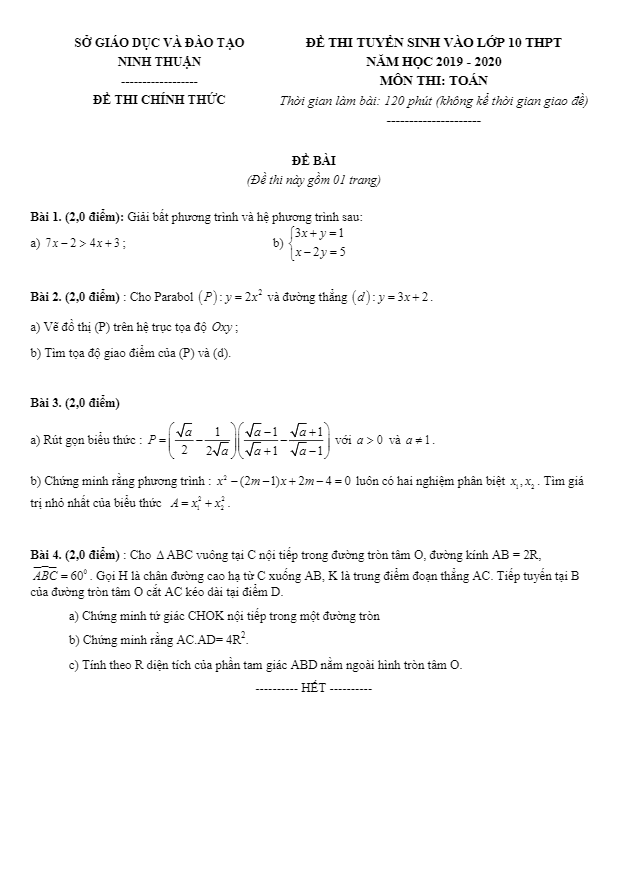 Đề Toán tuyển sinh lớp 10 THPT năm 2019 – 2020 sở GD&ĐT Ninh Thuận