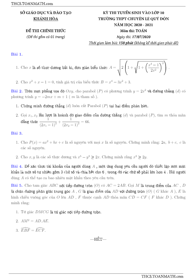 Đề tuyển sinh 10 môn Toán năm 2020 – 2021 trường chuyên Lê Quý Đôn – Khánh Hòa