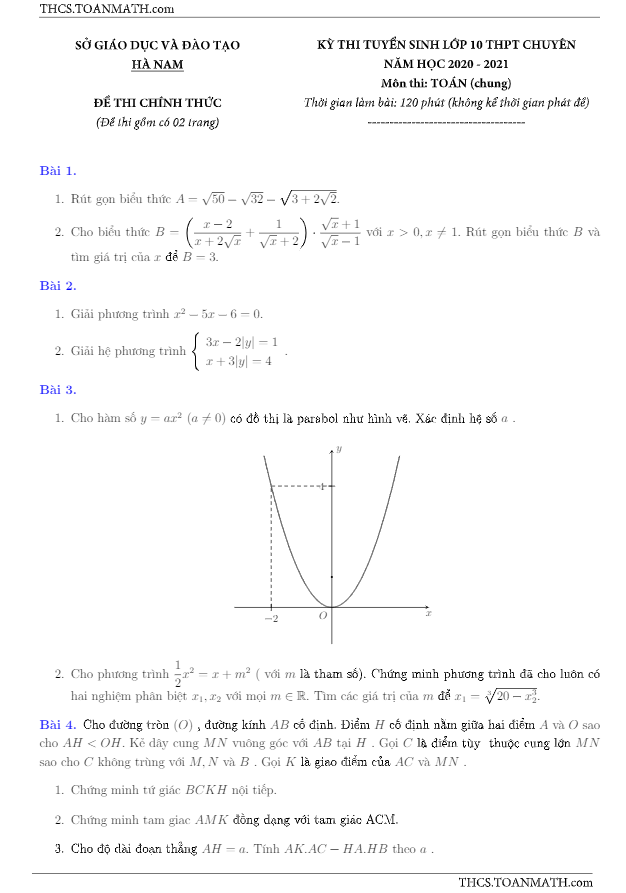 Đề tuyển sinh lớp 10 chuyên môn Toán (chung) năm 2020 – 2021 sở GD&ĐT Hà Nam