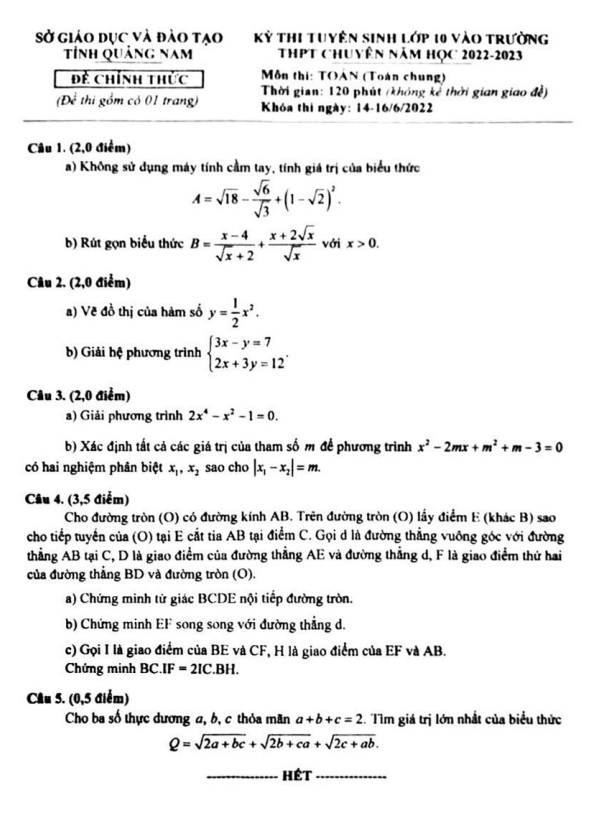 Đề tuyển sinh lớp 10 chuyên môn Toán (chung) năm 2022 – 2023 sở GD&ĐT Quảng Nam