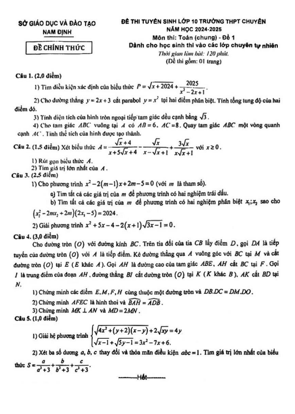Đề tuyển sinh lớp 10 chuyên môn Toán (chung) năm 2024 – 2025 sở GD&ĐT Nam Định