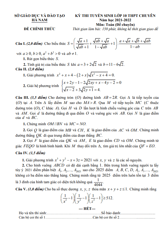 Đề tuyển sinh lớp 10 chuyên môn Toán (chuyên) năm 2021 – 2022 sở GD&ĐT Hà Nam