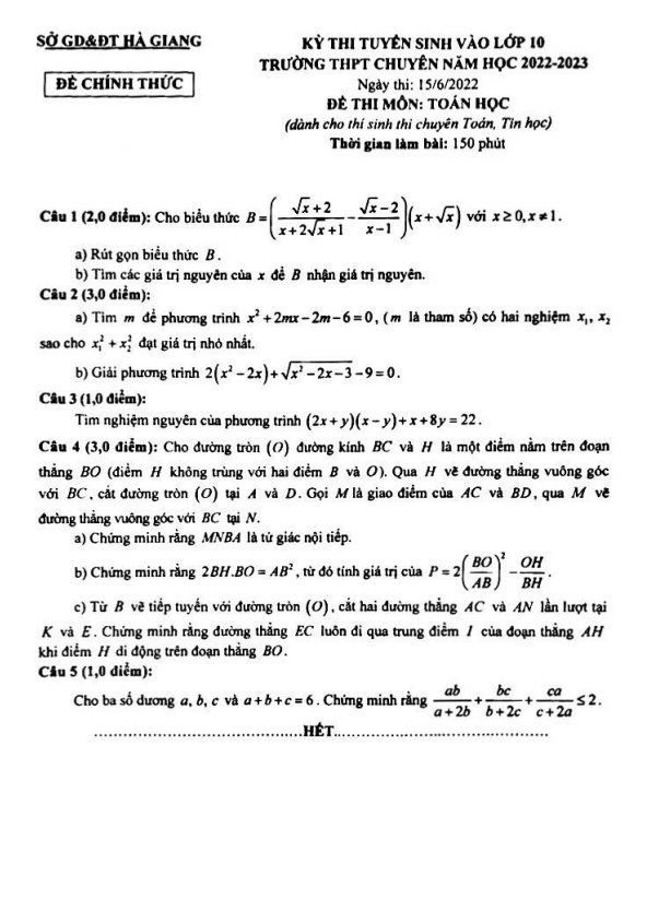 Đề tuyển sinh lớp 10 chuyên môn Toán (chuyên) năm 2022 – 2023 sở GD&ĐT Hà Giang