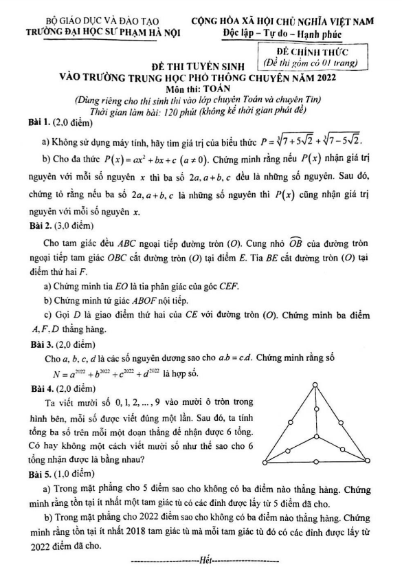 Đề tuyển sinh lớp 10 chuyên môn Toán (chuyên) năm 2022 trường ĐHSP Hà Nội