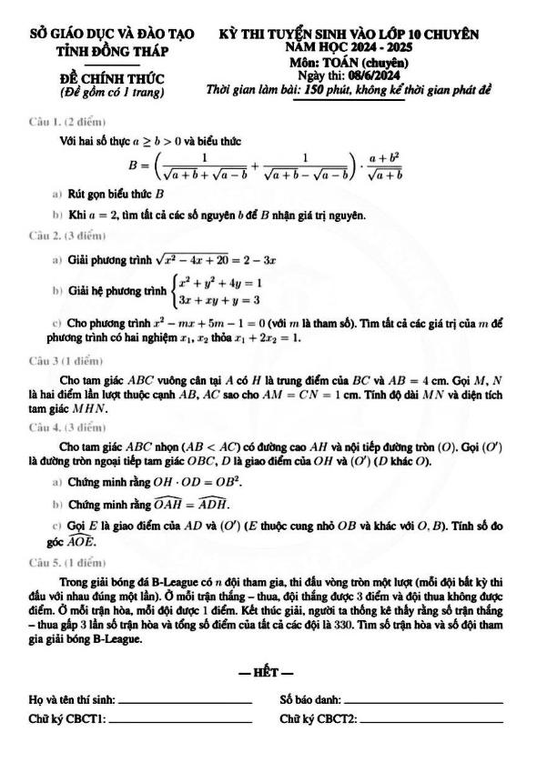 Đề tuyển sinh lớp 10 chuyên môn Toán (chuyên) năm 2024 – 2025 sở GD&ĐT Đồng Tháp