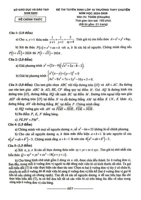Đề tuyển sinh lớp 10 chuyên môn Toán (chuyên) năm 2024 – 2025 sở GD&ĐT Nam Định