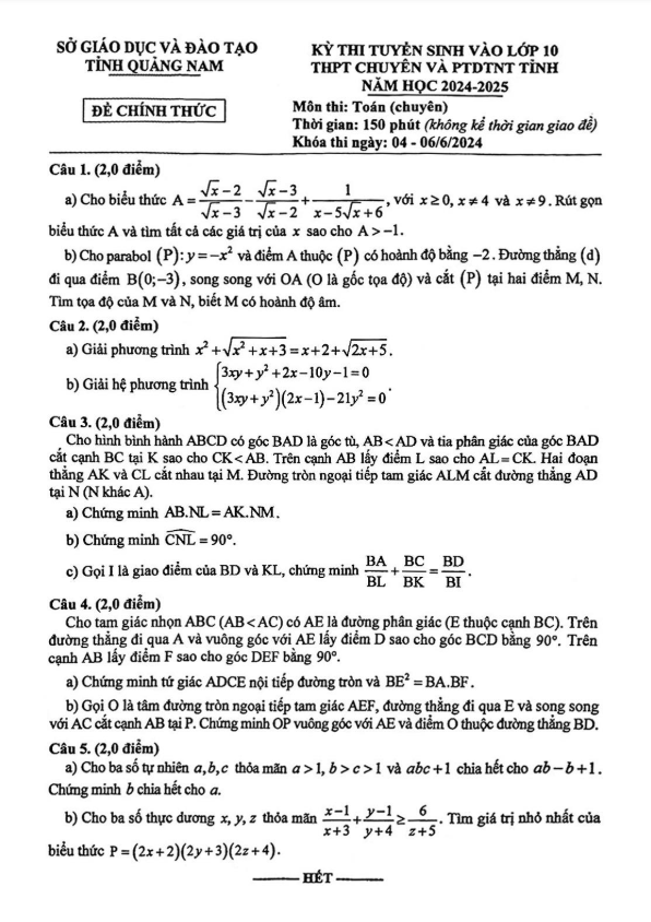 Đề tuyển sinh lớp 10 chuyên môn Toán (chuyên) năm 2024 – 2025 sở GD&ĐT Quảng Nam