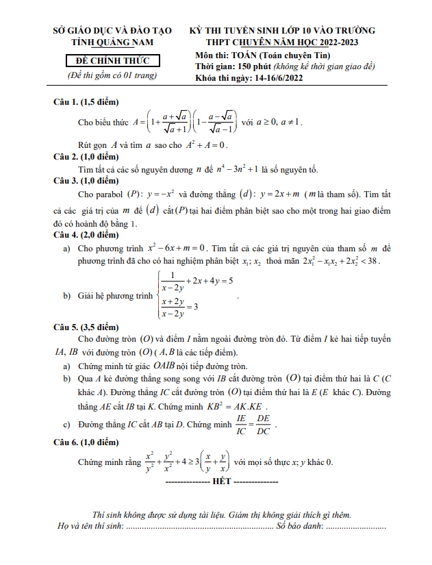 Đề tuyển sinh lớp 10 chuyên môn Toán (chuyên Tin) 2022 – 2023 sở GD&ĐT Quảng Nam