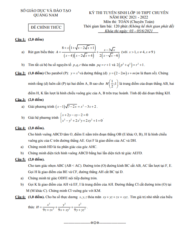 Đề tuyển sinh lớp 10 chuyên môn Toán (chuyên Toán) năm 2021 – 2022 sở GD&ĐT Quảng Nam