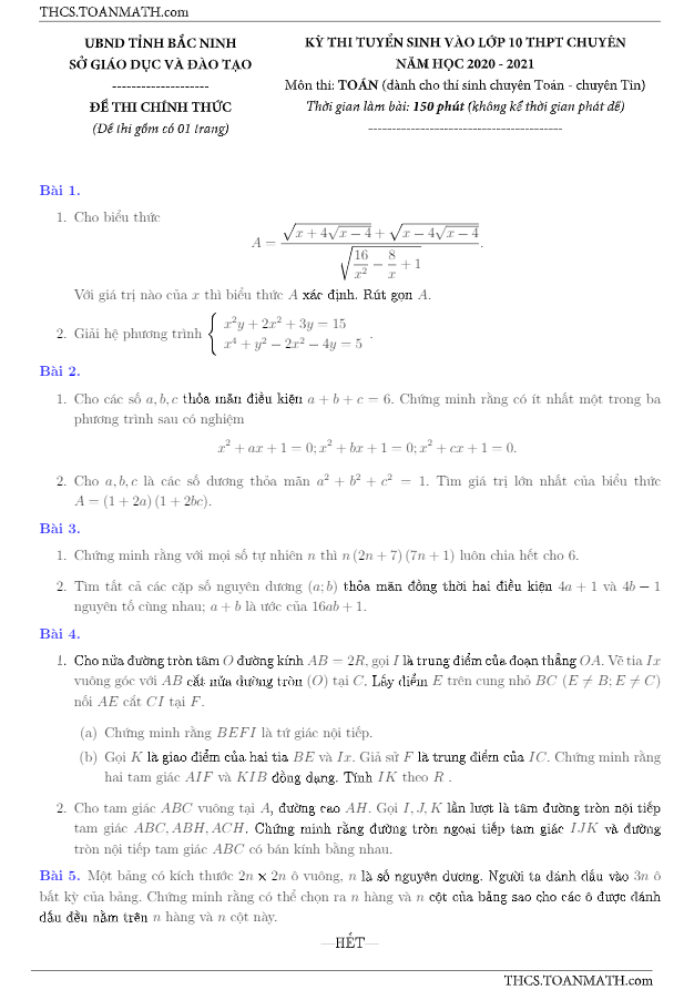 Đề tuyển sinh lớp 10 chuyên môn Toán năm 2020 – 2021 sở GD&ĐT Bắc Ninh