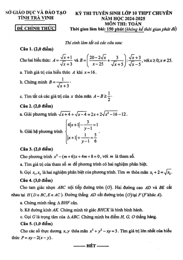 Đề tuyển sinh lớp 10 chuyên môn Toán năm 2024 – 2025 sở GD&ĐT Trà Vinh