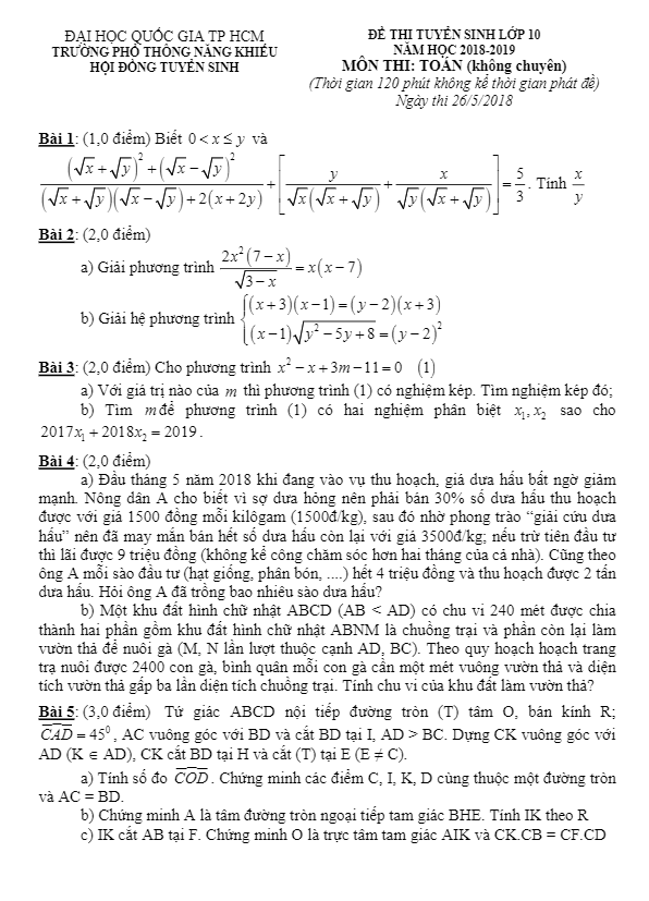 Đề tuyển sinh lớp 10 môn Toán 2018 – 2019 trường PTNK – TP. HCM (không chuyên)