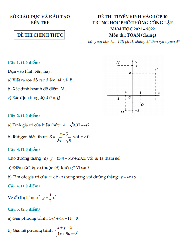 Đề tuyển sinh lớp 10 môn Toán (chung) năm 2021 – 2022 sở GD&ĐT Bến Tre